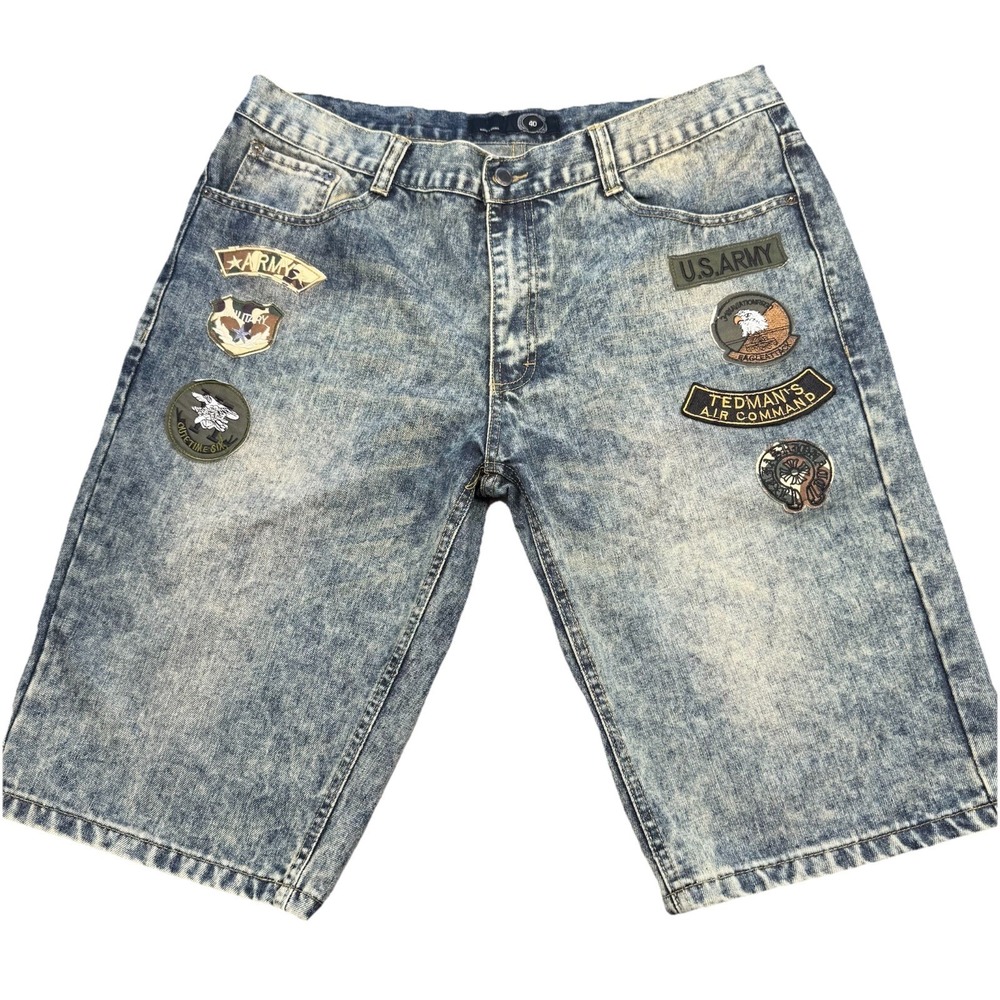Finest Thread Luxury Goods Mens Acid Wash Jean Shorts Size 40 Army Patches